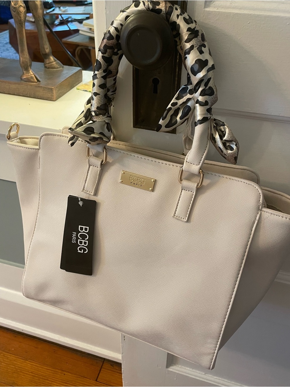 BCBG Ivory Tote with Leopard-Print Scarf-Wrapped Handles